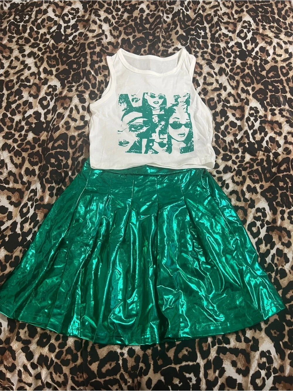 White Tank Top with Green Graphic & Shiny Green Skater Skirt